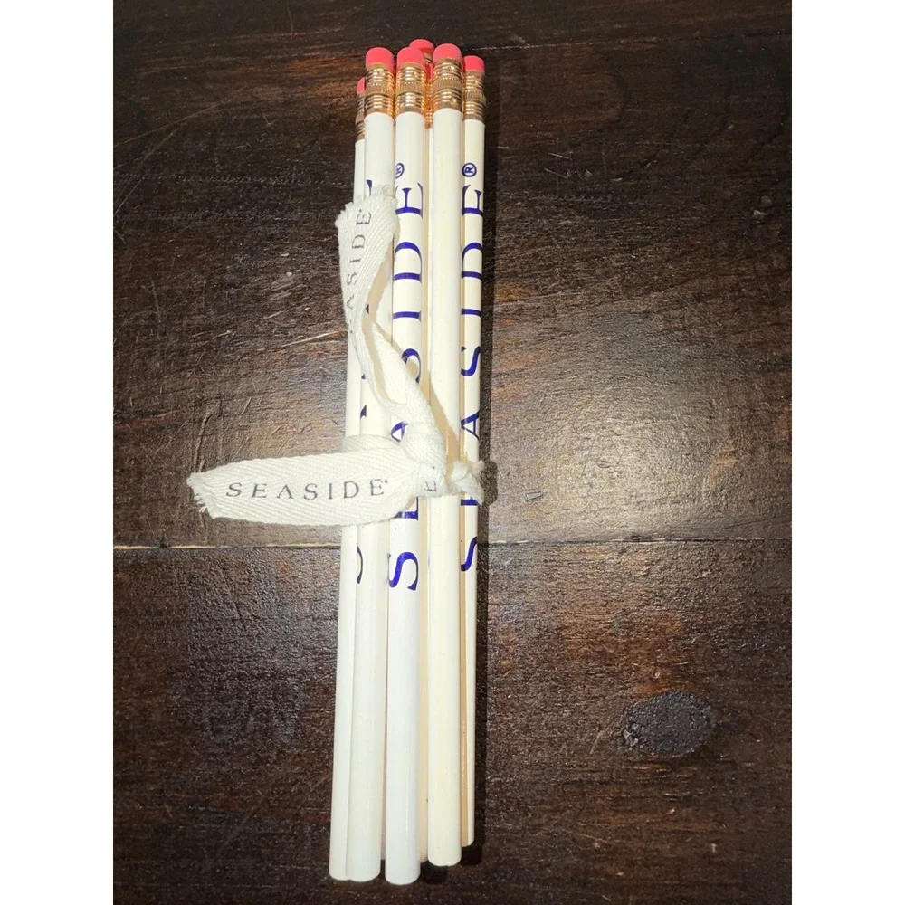 Seaside Pencils Set‎ of 10 White Blue Logo Pink Eraser Gold Ferrule